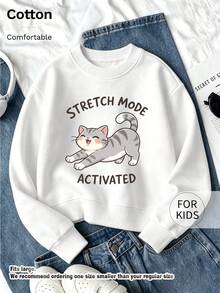 Tween Girl Crew Neck Sweatshirt, Stretch Mode Activated Stretching Cartoon Cat Printed Cotton Pullover, Soft Casual Long Sleeve Top - White - View 7