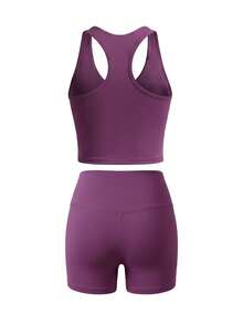 Women's Casual Sports 2 Pieces Set, Detachable Padding Racerback Sleeveless Top, High-Waisted Slim-Fit Butt-Lifting Cycling Shorts, Suitable For Gym And Daily Wear - Burgundy - View 5