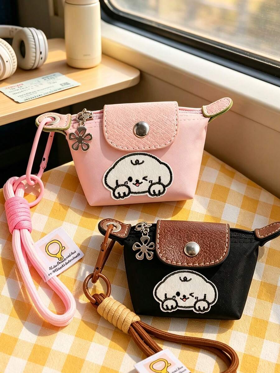 Puppy Fabric Sticker Mini Coin Purse, Portable Travel Coin Bag, Can Hold Cards, Cash And Coins, Snap Button Coin Purse Accessory, Suitable For Students - Multicolor - View 1