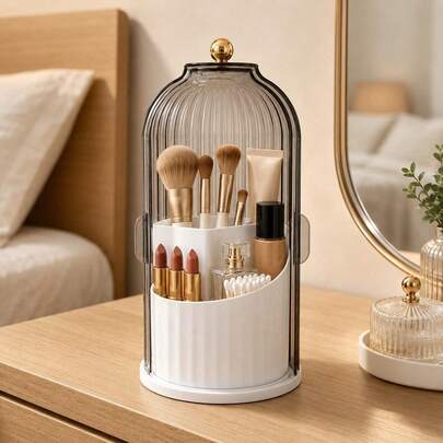 3-Section Makeup Organizer With 180° Sliding Door Cover, 360° Rotating Base, Dust-Proof Vanity Holder