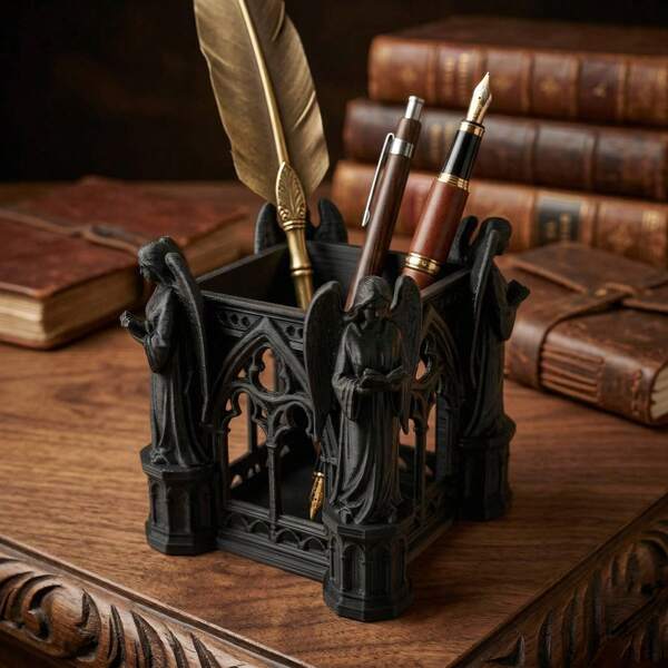 Gothic Cathedral Angel Pen Holder, Black Medieval Church Statue Desktop Pencil Cup, Vintage Gothic Architecture Office Desk Organizer, Dark Aesthetic Office Desktop Decor, Unique Halloween Gothic Stationery Storage Ornament, Suitable For Home Study