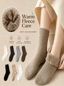 7 Pairs Women Winter Thick Thermal Wool Socks, Soft Knit Solid Color Mid‑Calf Socks, Warm Cozy Casual Socks For Fall Winter - Multicolor - View 4
