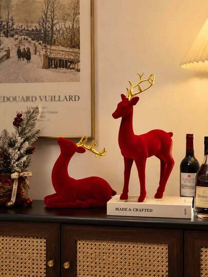 Burgundy Flocked Christmas Reindeer Ornaments, Golden Antlers Light Luxury Elk Decor, Combination Of Standing And Lying Poses, Vintage Minimalist Desktop Holiday Decoration, Suitable For Fireplace Mantels, Entryway Side Cabinets, TV Stands