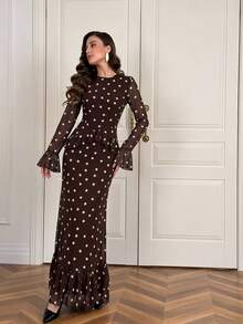 Women's Elegant Long Ruffle Hem Polka Dot Dress - Brown - View 3
