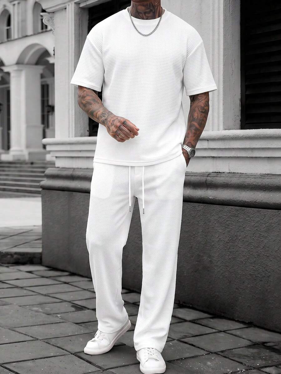 Men's Casual Sports 2 Pieces Set With Waffle Knit Crew Neck Short Sleeve Top And Wide Leg Sweatpants - White - View 1