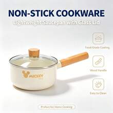 Mesuca Disney Official Licensed Milk Pot, Cream Ceramic, Non-Stick Coating, Wooden Handle, Fluorine-Free, Small Soup Pot, 1pc - Apricot - View 3
