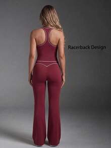 Women's Casual Contrast Racerback Sport 2 Pieces Set,Sleeveless Tank Skinny Tops,High Waist Activewear Flare Pants,For Yoga,Gym,Thanksgiving,Christmas - Burgundy - View 6
