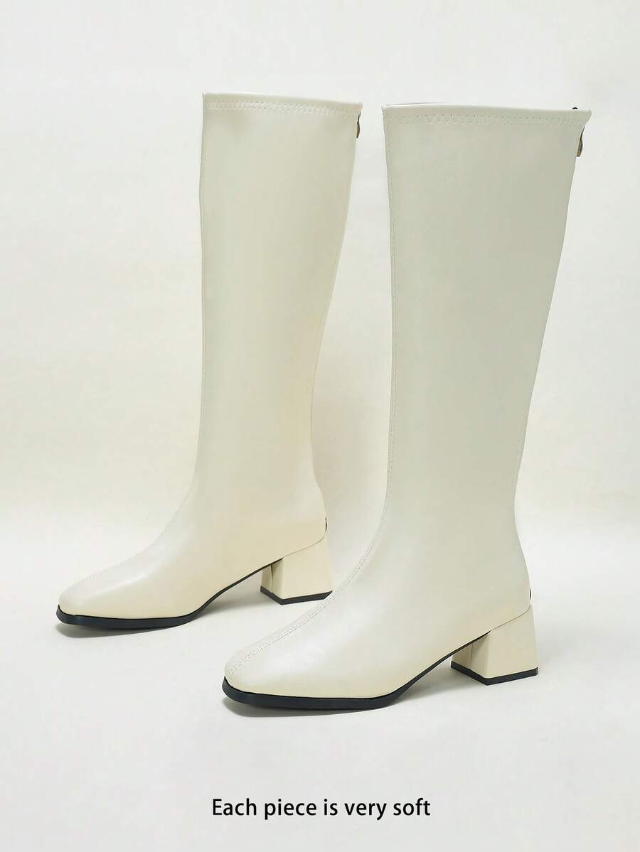 Girls' Knee High Boots Square Toe Chunky Heel, Soft Faux Leather Side Zipper, Autumn Winter 2026 - White - View 1