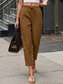 Jisfaneya Women's Solid-Color Drawstring Waist Casual Pants With Pockets Brown - Brown - View 6