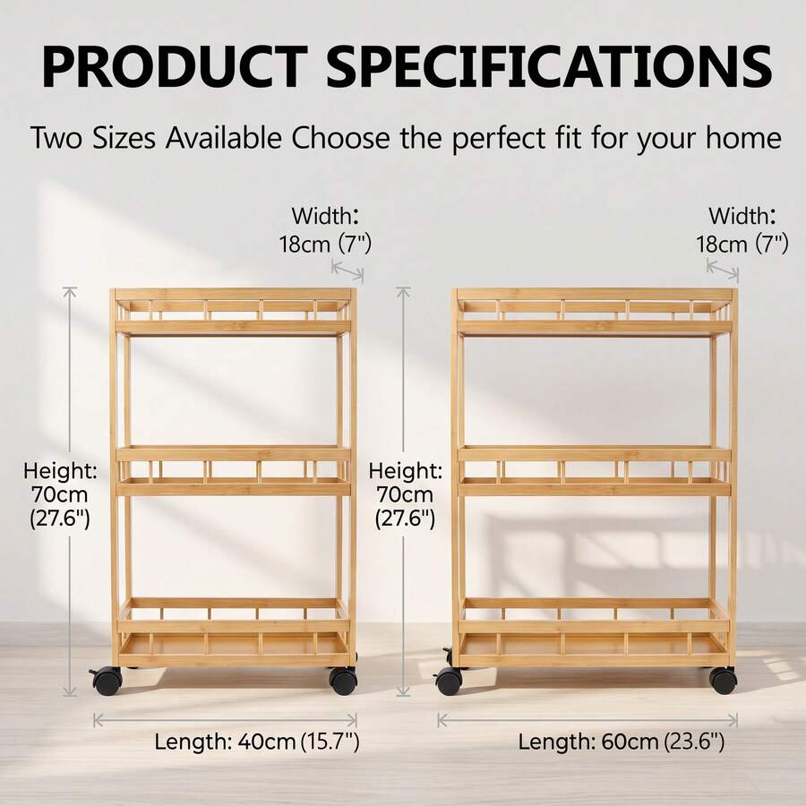 Bamboo Ultra-Thin Gap Storage Cart 3-Tier With Wheels Organizer Rack Suitable For Home Kitchen Bathroom - Camel - View 1