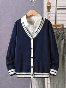 Tween Boys Academy Style Solid Color V-Neck Knit Cardigan Sweater Jacket Suitable For School Casual Spring Autumn Winter - Navy Blue - View 1