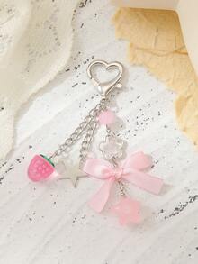 1pc Y2K Black Pink Bowknot Star Beaded Keychain, Cool Aesthetic Heart Clasp Bag Charm For Teen Girls Backpack Decor Gift - Multicolor - View 1