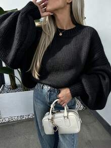 Solid Color No Decoration Round Neck Oversized Puff Sleeve Loose Short Knit Sweater, Suitable For Autumn Daily Casual Wear And Weekend Gatherings - Black - View 3