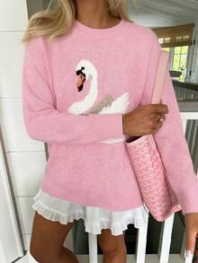 Casual Healing Atmosphere Cartoon Swan Jacquard Knit Top Women's Loose Long Sleeve Pullover Sweater Round Neck Dropped Shoulder Front Chest Swan Jacquard Texture Pattern Soft Skin-Friendly Breathable Autumn/Winter Sweet Knit Top - Pink - View 5