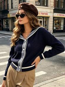 Women's Navy Collar Contrast Color Knit Cardigan, Short Length, Autumn/Winter Daily Wear - Navy Blue - View 6