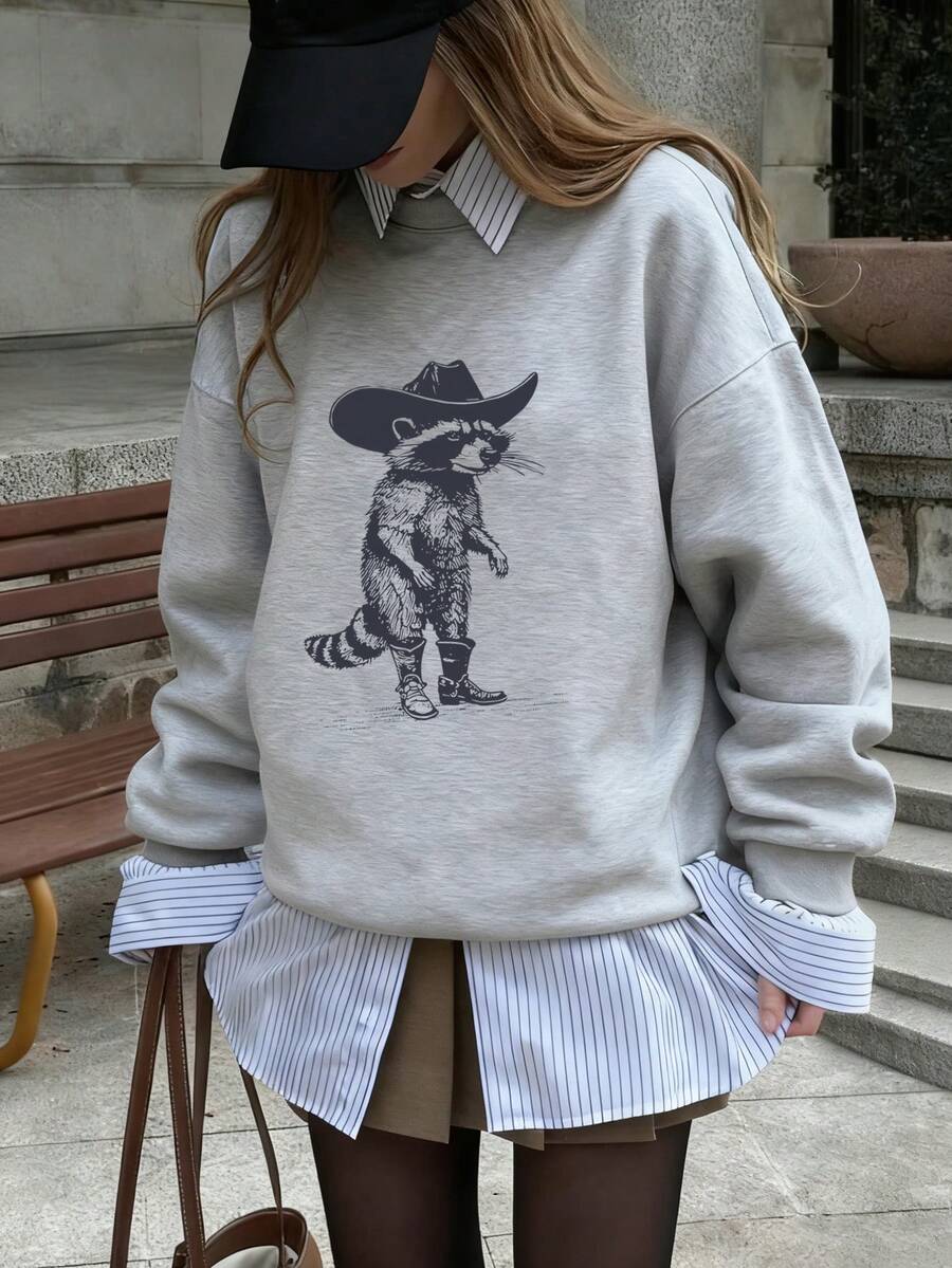 Women's Autumn/Winter New Simple Ins Style Raccoon Graphic Round Neck Casual Pullover Sweatshirt - Fashionable & Versatile, Gray Spring - Dark Gray - View 1