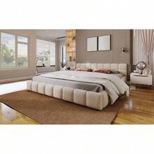 Elegant Beige Chenille Upholstered Bed With Checkerboard Design Queen Beige - Beige + Chenille + Queen1 - View 7