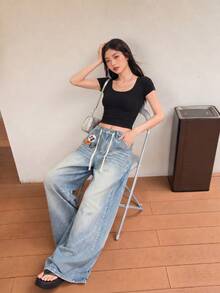 YEAE | Celana Jeans Denim Wanita Biru Gaya Kerja Amerika, Desain Longgar, Niche Slimming, Celana Panjang Hingga Lantai - Medium Wash - View 6