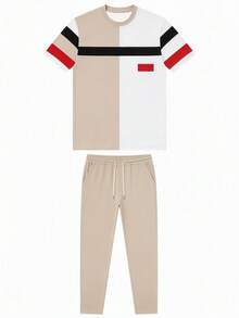 Men's Autumn/Winter Casual Versatile Colorblock Striped Short Sleeve & Long Pants Set - Multicolor - View 5