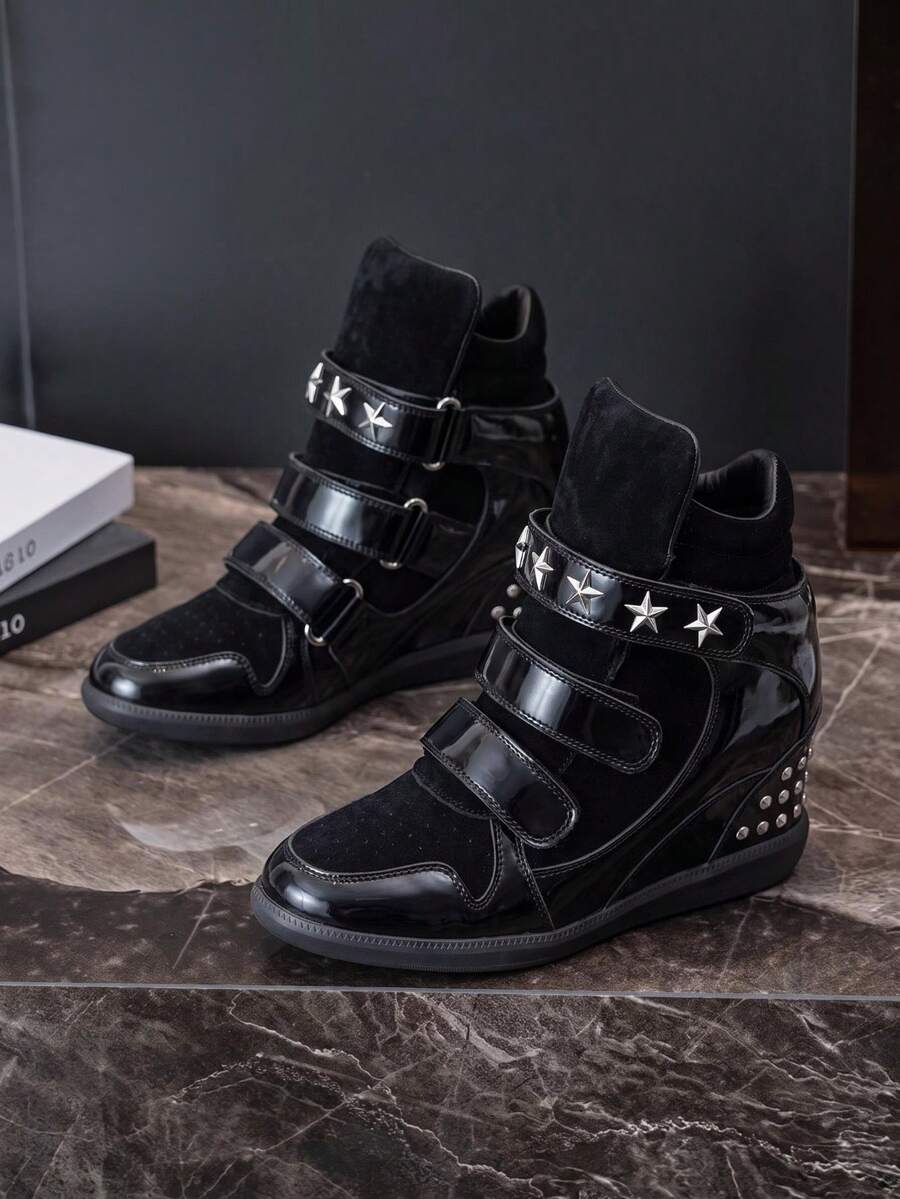 Women's High-Top Wedge Hidden Height Increase Rivet Casual Sports Shoes, Autumn/Winter Daily Wear Style - Black - View 1