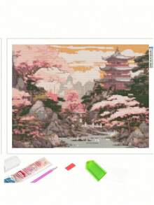 1/2pcs DIY Full Drill Embroidery House Picture, Rhinestone Painting Landscape River Wall Decor, 30x40cm/12x16in, Unframed - round diamond - View 7