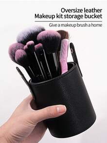 PU Leather Makeup Brush Bucket With Snap Lid 21.3cm*9cm Large Capacity Portable Travel Cosmetic Brush Cylinder Multi-Function Dust-Proof Desktop Makeup Brush Storage Holder For Full Set Makeup Brushes Home Travel Use - Black - View 4
