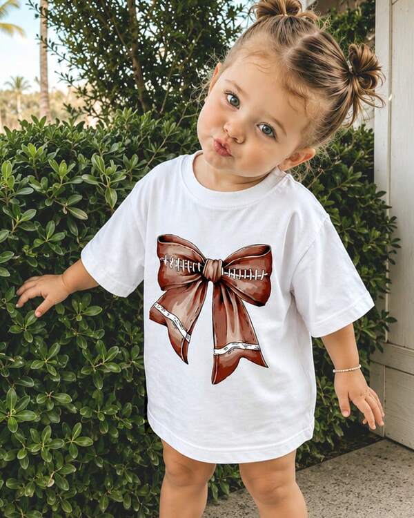 [Cotton T-Shirt]Young Girl Cute Bow Print Pullover Short Sleeve White T-Shirt, Perfect Summer Gift For Kids