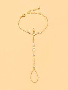 outingfit 1pc Minimalist Single-Strand Rhinestone Finger-Link Bracelet For Women, Luxury European & American Style Rhinestone Back-Of-Hand Chain, Bridal Wedding Hand Jewelry - Gold - View 2