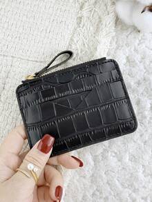 時尚石紋女款信用卡錢包，拉鍊開合便攜式現金、信用卡、零錢收納包，適合戶外與旅行使用 - 黑色 - 查看 10