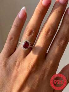 1pc Adjustable S925 Sterling Silver Ring Inlaid With Synthetic Zirconia And Red Gemstone, Elegant Dove Egg Design Jewelry For Women, Suitable For Daily Wear And Parties - Yellow Gold - View 1