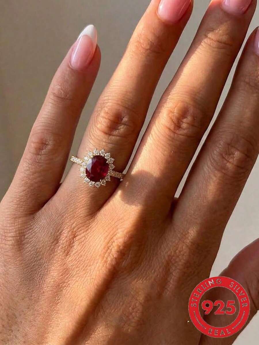 1pc Adjustable S925 Sterling Silver Ring Inlaid With Synthetic Zirconia And Red Gemstone, Elegant Dove Egg Design Jewelry For Women, Suitable For Daily Wear And Parties - Yellow Gold - View 1