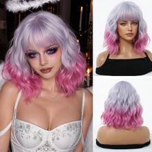 12 Inch Ombre Lilac To Pink Short Wavy Bob Wig For Women Straight Bangs Heat Resistant Synthetic Wig Colorful Cosplay Wig For Halloween Costume Party Carnival - Multicolor - View 13