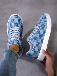 Women's Fashion Skate Shoes, Lace-Up Comfortable Street Style Sneakers, Suitable For All Seasons Outdoor Exercise Activities - White and Blue - View 2