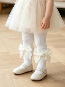 3 Pairs Girls' All-Season Tight Striped Tights With Bow Decoration, Children's Base Layer Tights Suitable For Girls' Autumn Daily Wear - Multicolor - View 4