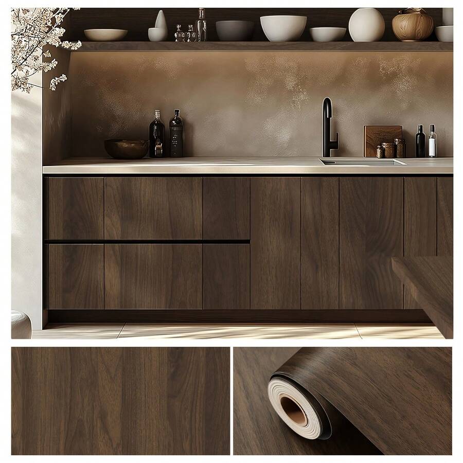 1 Roll Self-Adhesive Vinyl Wallpaper Wood Grain Wall Sticker Decorative Film Contact Paper Kitchen Wall Home Decor - Black Walnut Wallpaper - View 1