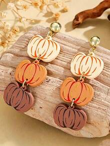 1 Pair Autumn Pumpkin Dangle Earrings, 3-Layer Colorful Pumpkin Drop Earrings, Thanksgiving Harvest Festival Costume Accessory - Style 1 - View 1
