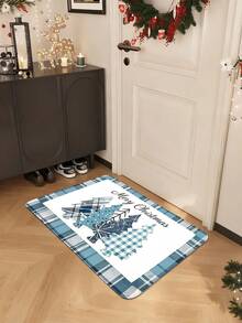 1pc Christmas Fresh Blue & White Plaid Christmas Tree Pattern Kitchen Mat, Soft & Comfortable Fabric, Thick & Padded, Easy To Clean & Washable, Foldable & Easy Care Carpet Mat, Suitable For Kitchen, Dining Room, Kitchen Carpet, Laundry Room Mat, Bathroom Carpet, Welcome Mat, Kitchen Carpet, Small Mat, Fashion Home, Christmas Home Gift Welcome Mat, Christmas Home Decor Foot Mat - Multicolor - View 7