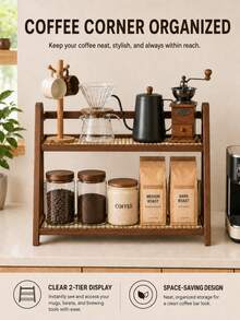 Vintage Wooden Desktop Organizer, Vertical Storage Rack, Lacquered Material, Retro Texture, Durable Wooden Material, Space-Saving Design, Suitable For Coffee Station Cup And Coffee Bean Placement, Kitchen Condiment Bottle Organization, Makeup Vanity Organization, Living Room Desktop Accessory Organization, Multi-Functional Room Decor - Multicolor - View 3