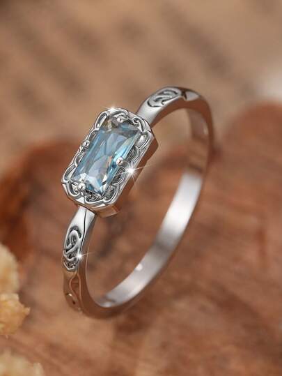 1 Buah Cincin Perak Bentuk Persegi Panjang dengan Batu Zirkonia Kubik Biru, Hadiah Natal Cincin Pita Ukiran Antik, Perhiasan Pesta Liburan Elegan untuk Wanita