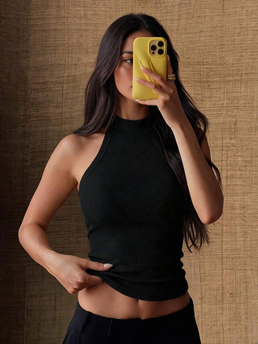 New Women's Halter Backless Fitted All-Match Versatile Cropped Top Casual Black Summer - Black - View 1
