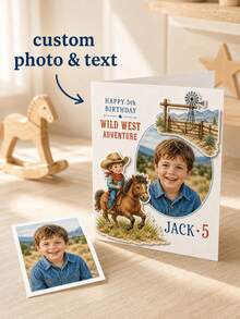 Personalized Photo, Name And Age Western Birthday Card, Custom Cowboy Greeting Card, Cowboy Keepsake Card, Theme Birthday Greeting For Children, Kids, Sons, Daughters, Parents, Grandparents And Ranch Party Celebrations - Multicolor - View 1