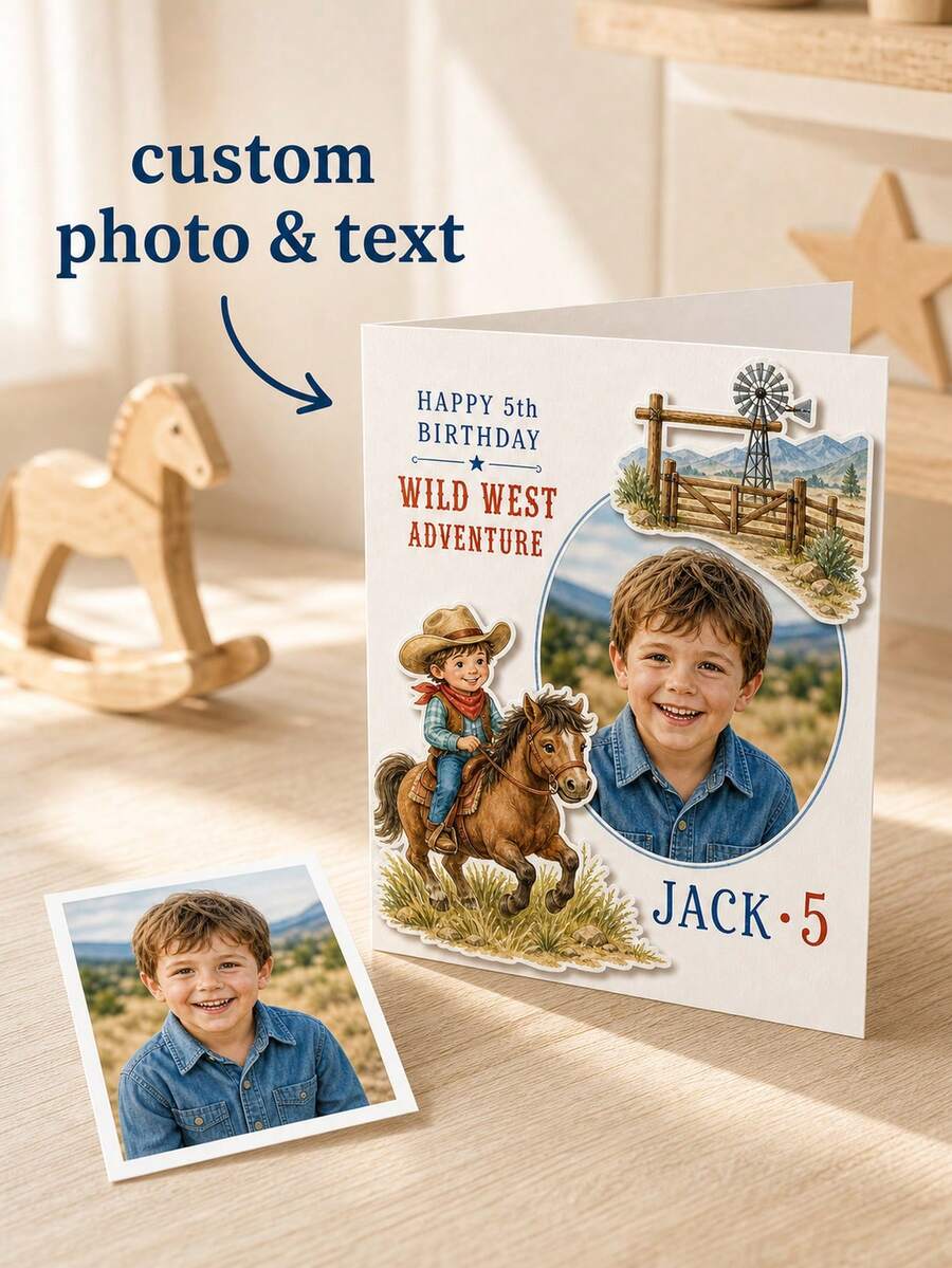 Personalized Photo, Name And Age Western Birthday Card, Custom Cowboy Greeting Card, Cowboy Keepsake Card, Theme Birthday Greeting For Children, Kids, Sons, Daughters, Parents, Grandparents And Ranch Party Celebrations - Multicolor - View 1