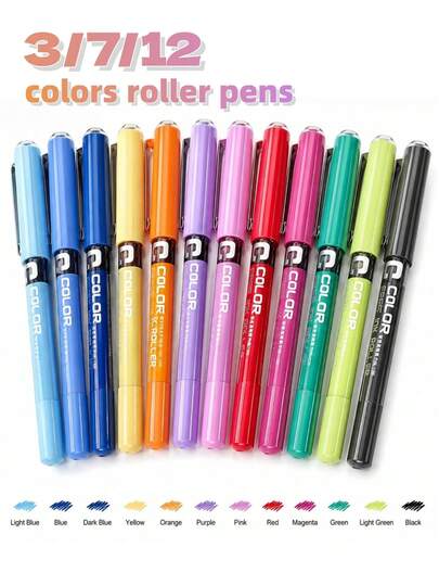 3支/7支/12支裝 多色直液快乾原子中性筆，0.5mm彩色簽名筆，彩色全針管學生中性筆，適合手帳、簽名、繪圖、辦公室與學校使用，開學季完美禮物，聖誕新年禮物