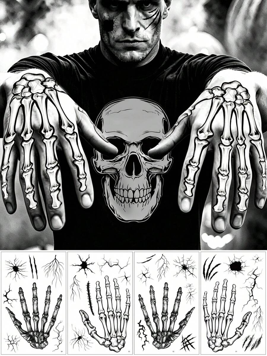 4 Sheets, Halloween Skull Hand Bone Tattoo Stickers, Skeleton Crack Vein Lightning Pattern, Waterproof And Realistic, Suitable For Party Temporary Makeup - Multicolor - View 1