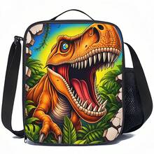 Roaring Tyrannosaurus Rex Jungle Print Boys Lunch Bag, Black Zipper Handbag With Top Handle, Shoulder Strap And Side Mesh Pocket, Suitable For School Use - DINOSAUR-18 - View 9
