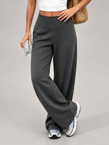 Women High Waist Wide Leg Yoga Pants Tummy Control Butt Lifting Stretchy Casual Workout Fall Winter - Grey - View 3