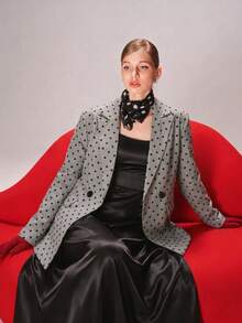 Women's Grey Base Black Polka‑Dot Boxy Blazer, Lapel Single‑Button Design, Wide‑Shoulder Loose Fit, Blazer With Flap Pockets - Grey - View 9