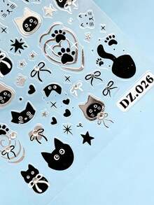 Black & Silver Cat Themed Face Decoration Stickers With Tweezers, Diverse Silhouette Pattern Decals, Clean Lines With Textured Finish, Suitable For Party Makeup, Stage Face Decoration, Music Festival And Other Face Decor - Multicolor - View 4