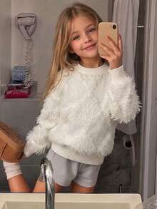 Girls' Elegant Solid Color Faux Mink Fur Round Neck Long Sleeve Knit Pullover Sweater, Suitable For Casual Wear In Spring, Autumn And Winter - White - View 3