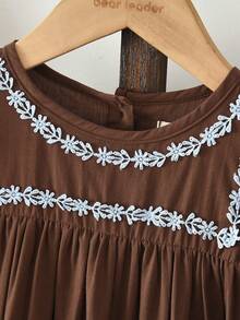 bearleader Girls' Pure Cotton Dress, Floral Lace Long Sleeve Solid Color, Autumn/Winter/Spring Style, 3-7 Years Old - Coffee - View 3
